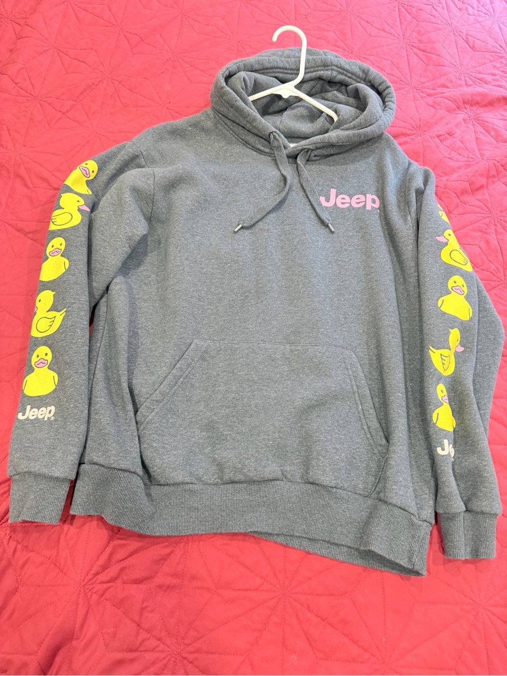 Jeep Charcoal Hoodie with Pink Logo and Yellow Duck Sleeve Prints